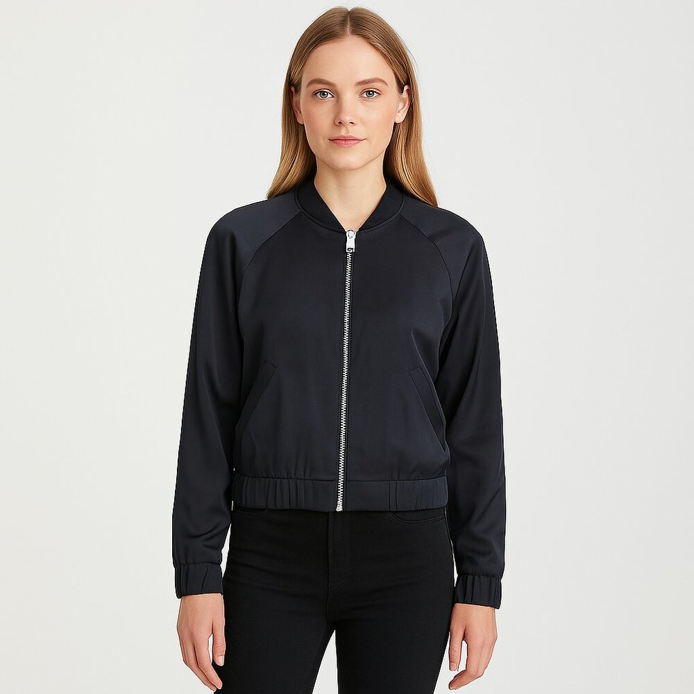 Black Satin Zip-Front Bomber Jacket - Size XS - Timeless Piece by Express
